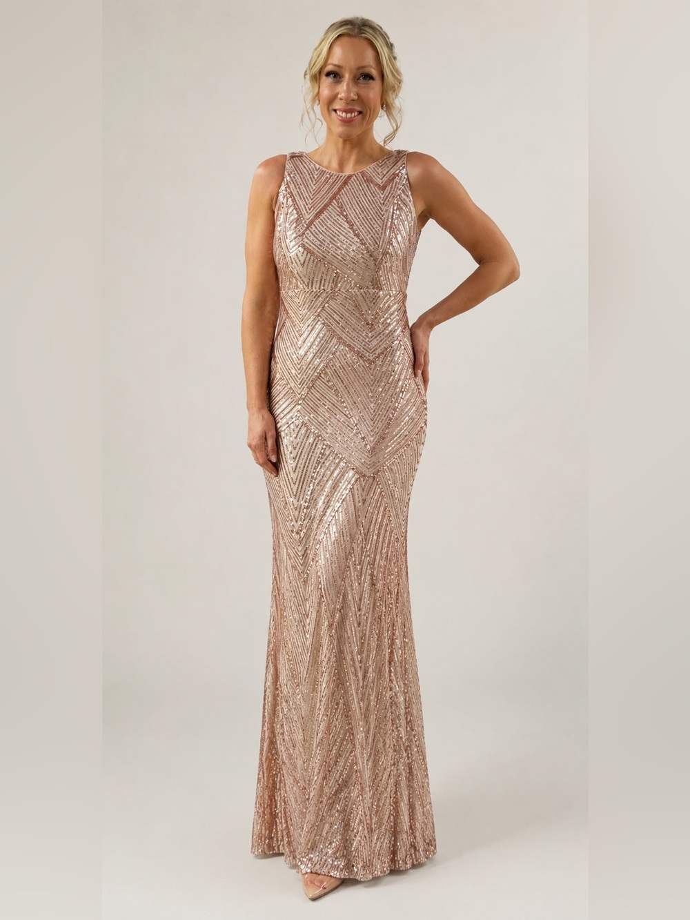 Sleeveless Rose Gold Sequin Evening Gown